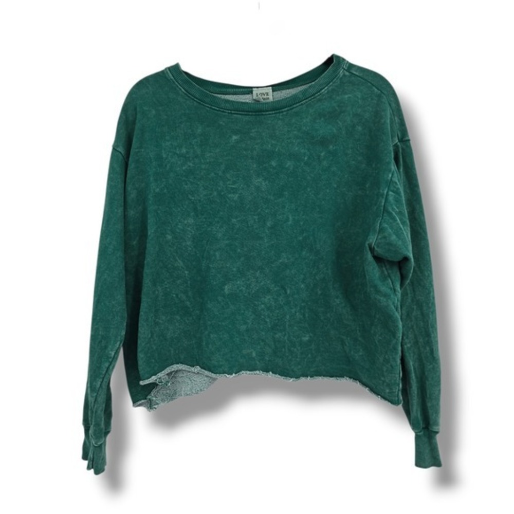 Love Vintage Womens Green Acid Wash Cropped Sweatshirt Raw Hem Size M Distressed